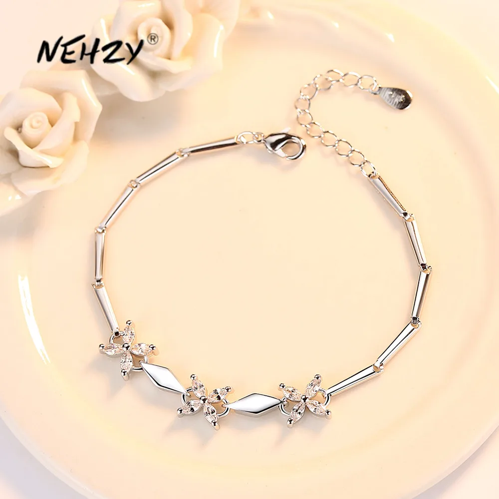 

NEHZY Silver plating New Women's Fashion Jewelry High Quality Cubic Zirconia Four-leaf Clover Flower Bracelet Length 15.5+4