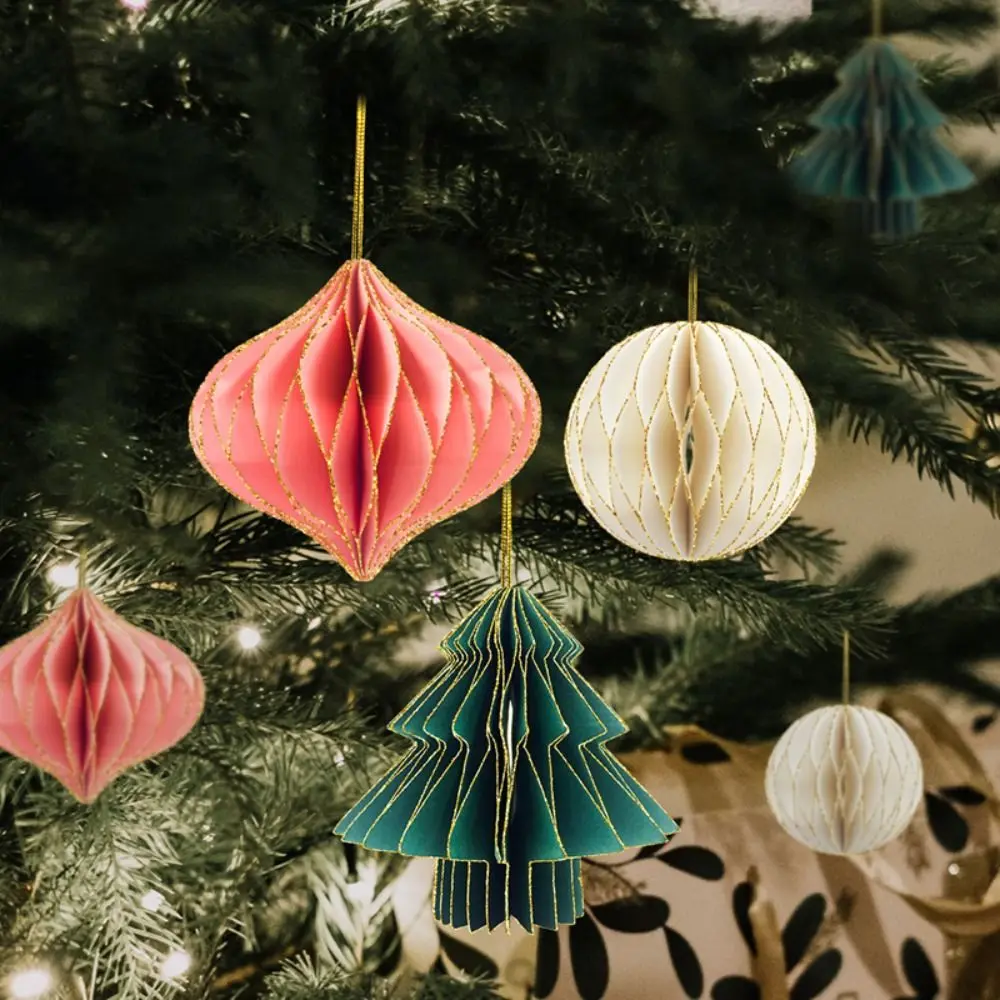 Cute Paper Honeycomb Ball Xmas Tree Pendant Lantern Spherical Hanging Ornaments for Home Christmas Party Decorations