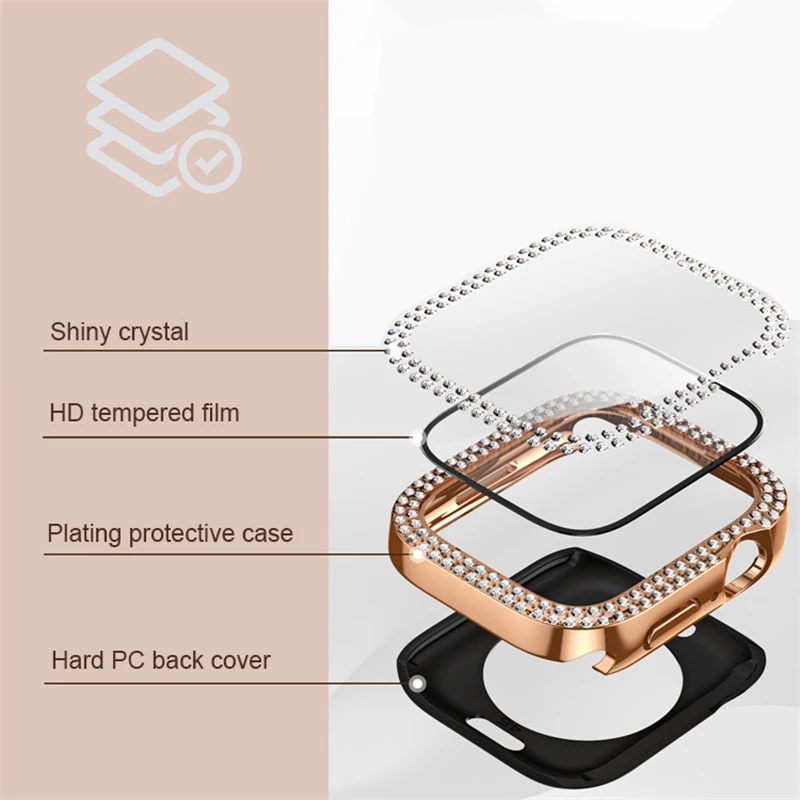 Diamond Case + Back cover For Apple Watch 7 8 45mm 41mm 49mm 44mm 40mm Glass Screen Protector Cover Bumper iWatch 4 5 SE 6 Ultra