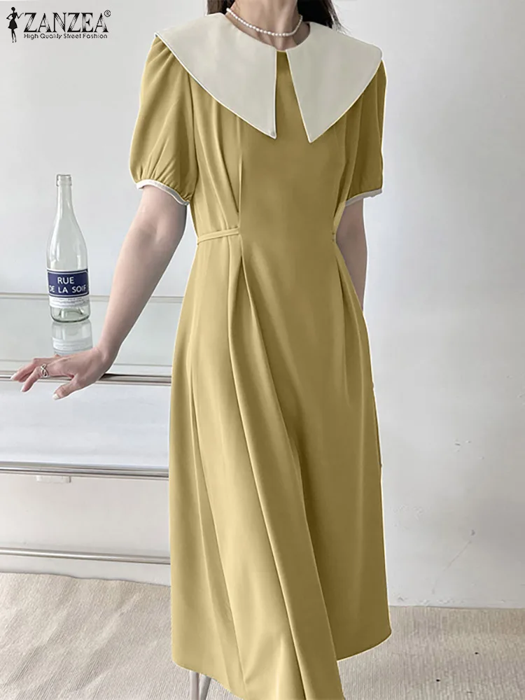 

Платье ZANZEA женское средней длины с коротким рукавом, элегантный плиссированный Повседневный Однотонный сарафан-трапеция, праздничный овер...