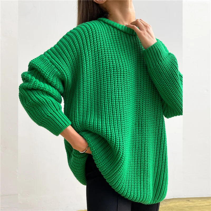

Knitted Women's Crew Neck Sweater Oversize Long Sleeved Loose Lady Solid Pullover Jumper 2022 Autumn Winter Warm Female Sweaters