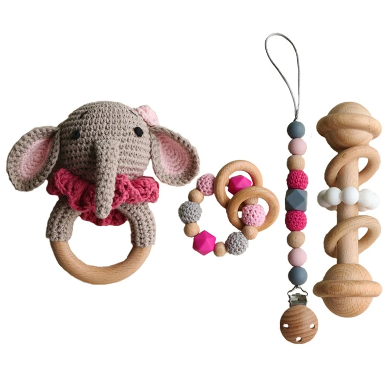 

2022 New 1 Set Baby Pacifier Clip Chain Teething Bracelet Hand Bell Soother Infants Newborn Crochet Elephant Rattle Teether Toy