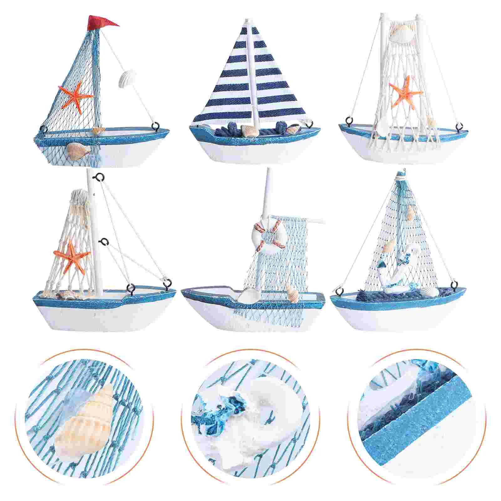 

6 Pcs Boat Model Blue Table Decor Mediterranean Style Sailboat Ship Desktop Ornament Pirate MDF Seaside