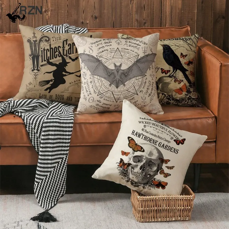 

Halloween Cushion Cover Bat Crow Pillowcase Magic Retro Gift Linen Pillows Living Room Car Sofa Decorative Pillow cover 45*45cm