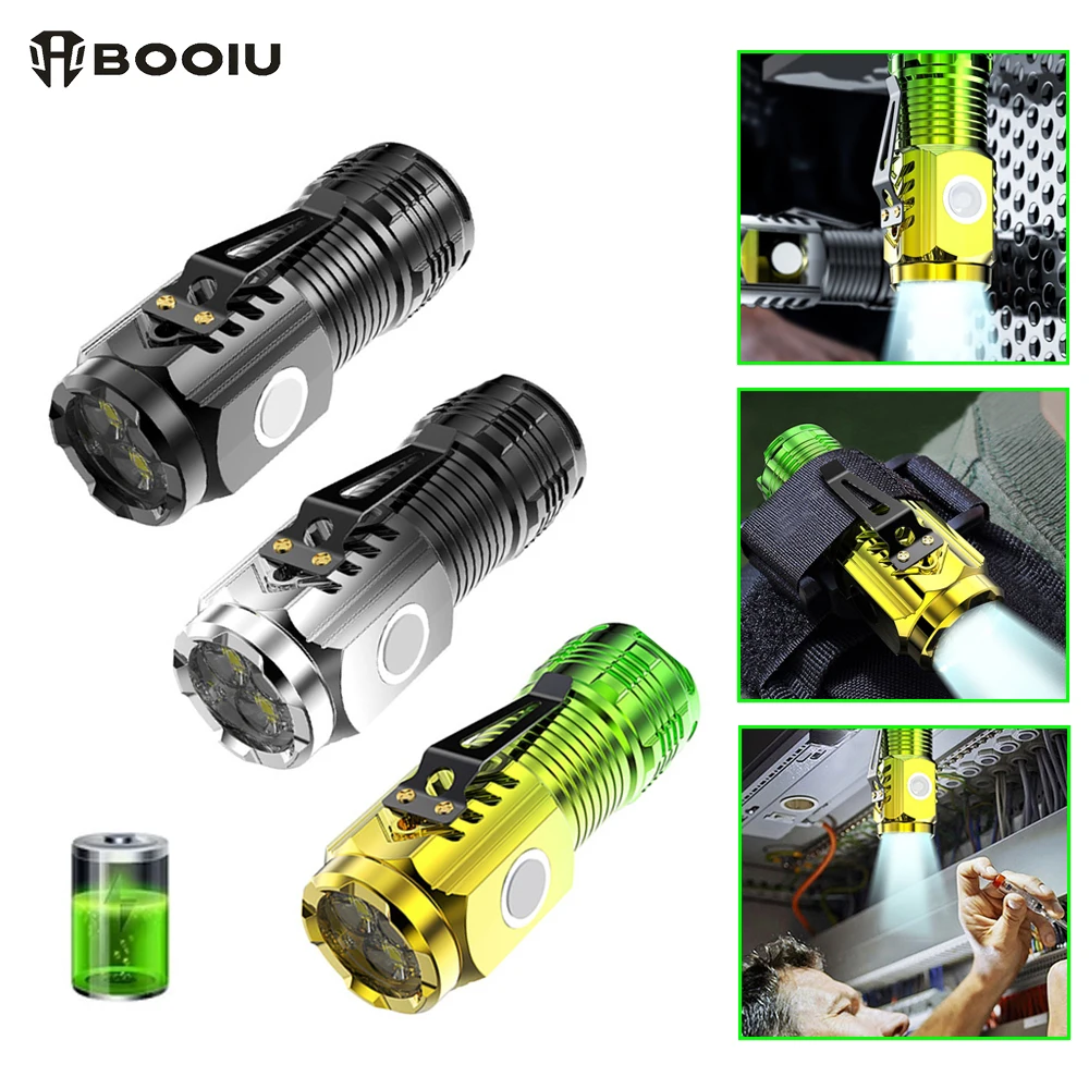 BOOIU Super Bright Flashlight 3 LED Portable Mini Burst Flash Torch Rechargeable Tail Magnet Outdoor Spotlight with Pen Clip