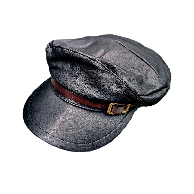 Genuine Leather Fisherman Cap Motorcycle Military Style Flat Top Hat Male Female