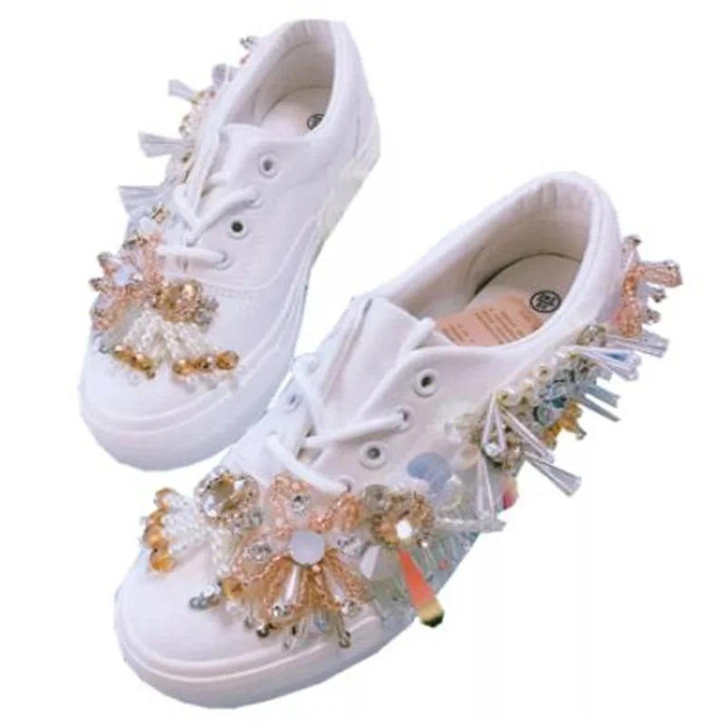 Handmade diamond rhinestone low-top canvas shoes shiny sequins custom bridal shoes casual shoes 35-39