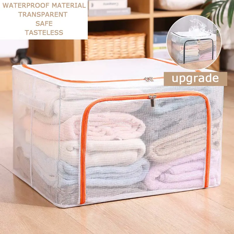 

Yaapeet Clothes Storage Box Foldable Closet Organizer Metal Frame Oxford Cloth Sorting Luggage with Clear Window Carry Handle