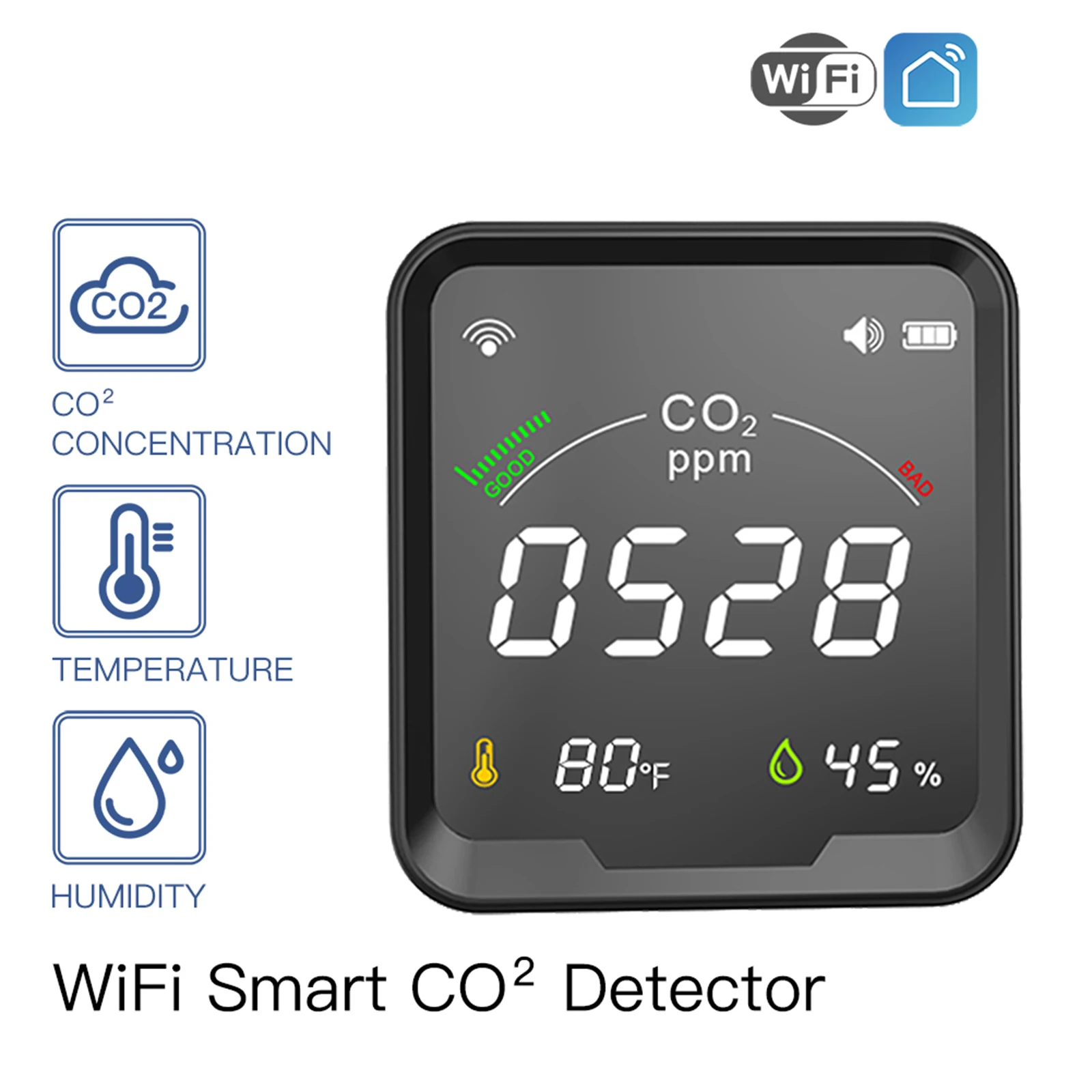 

1pc Air Quality Monitor Smart CO2 Detector 3 In 1 Air Quality Air Tester With Alarm Clock Carbon Dioxide Meter Air Quality Tempe