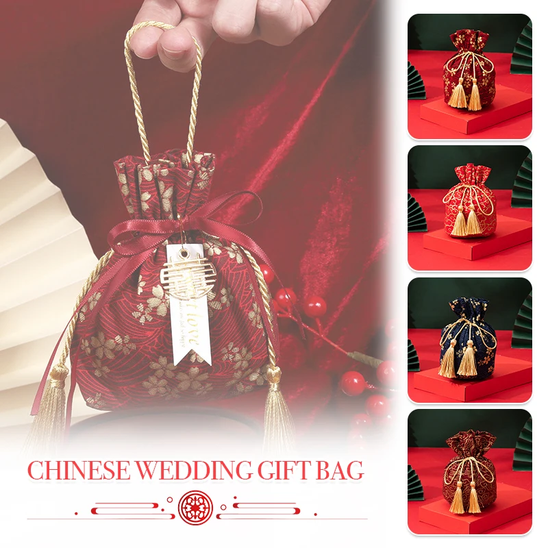 5pcs Red Chinese Style Jacquard Fabric Gift Drawstring Bag for Wedding Favour Birthday Candy Pouches Jewelry Souvenir Pocket Bag