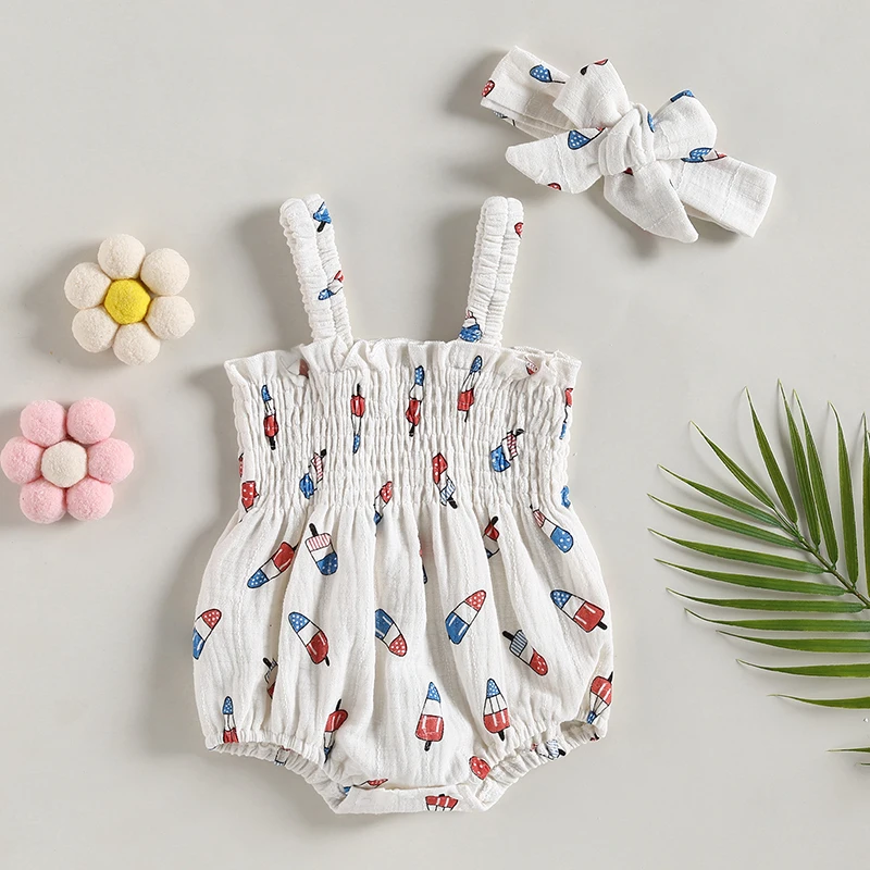 

Cute Baby Girl 4th of July Outfit Ice Cream Sleeveless Fourth of July Romper Newborn Independence Day Bodysuits Clothes