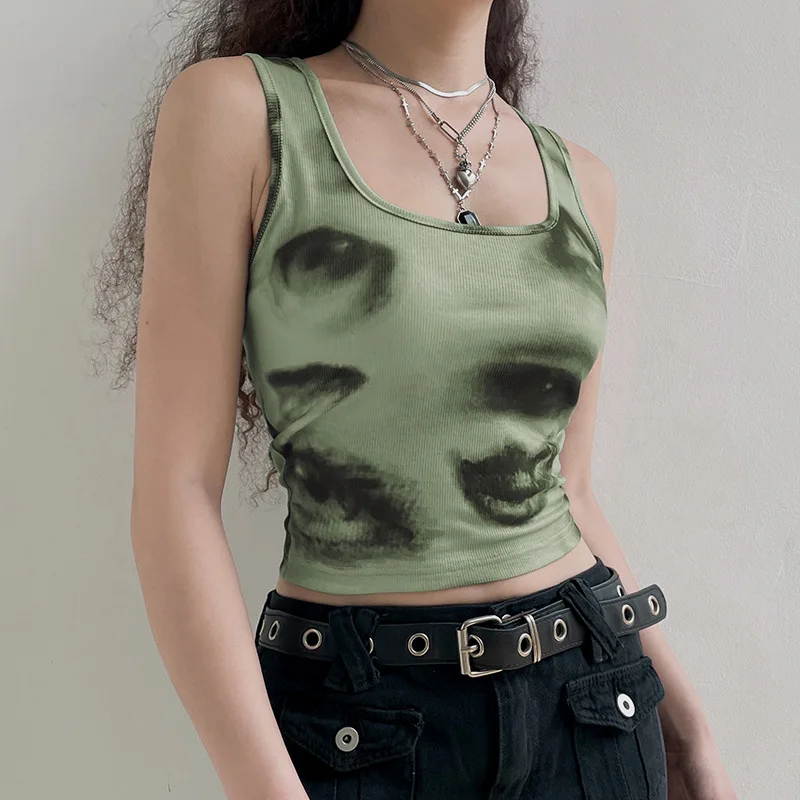 

Crop Tank Top Grunge Y2k Fashion Summer Clothing 2023 Green Print Sleeveless Tanks For Women Lady Sexy Slim All Match Tanktops