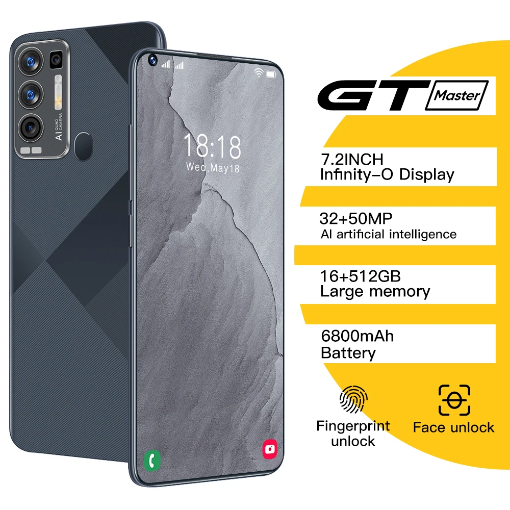 

Global Version GTmaster 7.2 Inch 12/16+512GB 32+50MP Face Fingerprint Unlock Cellphones 6800mAh 10 Core Android 11 Smart Phone