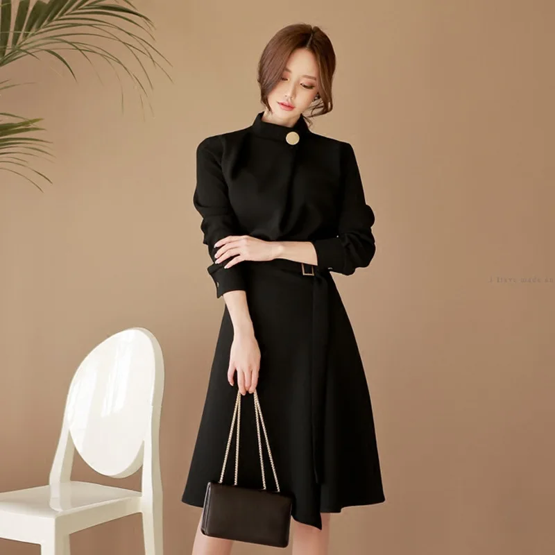 

Elegant Professional Dress with Lace Up Slim Waist Medium Length Skirt Stand Collar Nail Button Pleated Knee Length Skirt