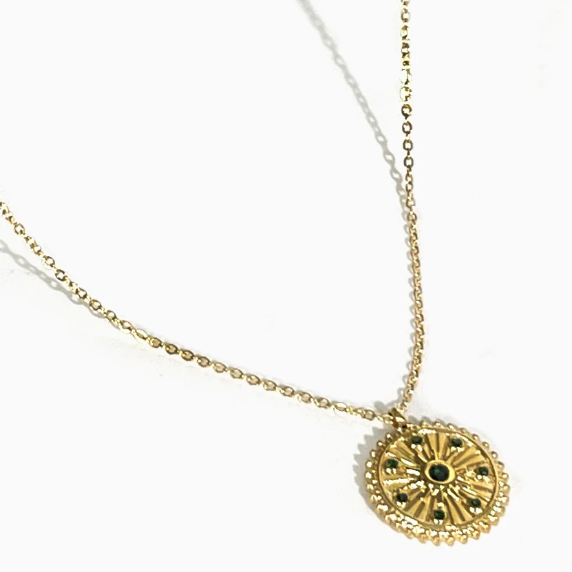 

Peri'sbox Vintage 18K Gold Pvd Plated Cz Zircon Sunlight Coin Pendant Necklace Layering Women Stainless Steel Jewelry Waterproof