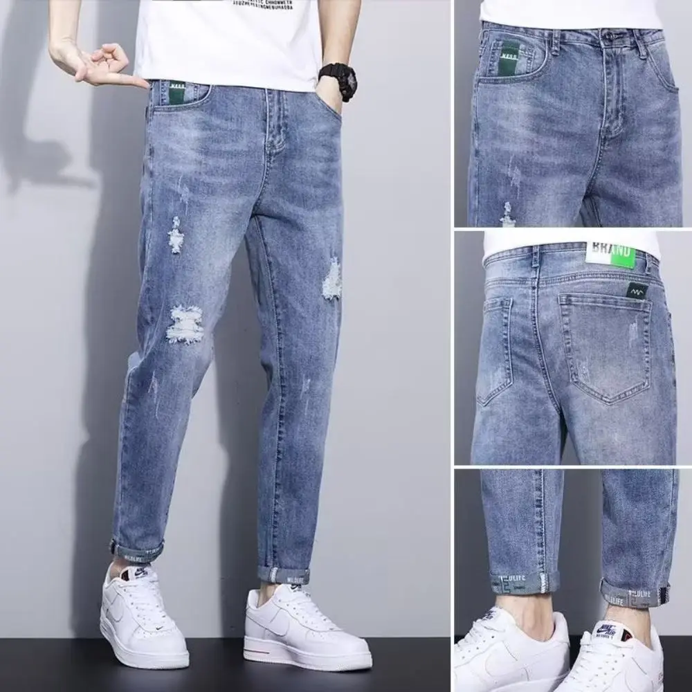 

Брюки мужские джинсовые повседневные, прямые эластичные штаны из хлопка, узкие длинные серые, осень