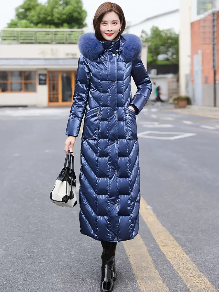New Women Wash Free Glossy Surface Down Coat Winter Fashion Real Fox Fur Collar Lengthened Thicken Warm Slim Down Jacket Female