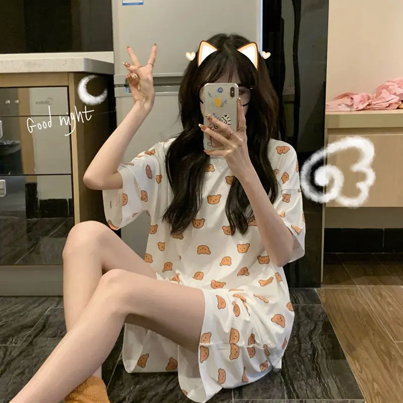 

Women Clothing Sets Summer Plus Size Pajamas Teen Girls Sleepwear Bear Print Pyjamas Korean Style Pijamas Home Clothes Homewear