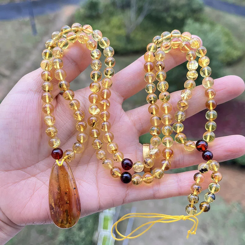 

6.5mm 22g Amber Pendant Necklace for Gift Unique Special Plant Bead 70cm Baltic 108 Rosary Bracelet Natural Stone Insect Jewelry