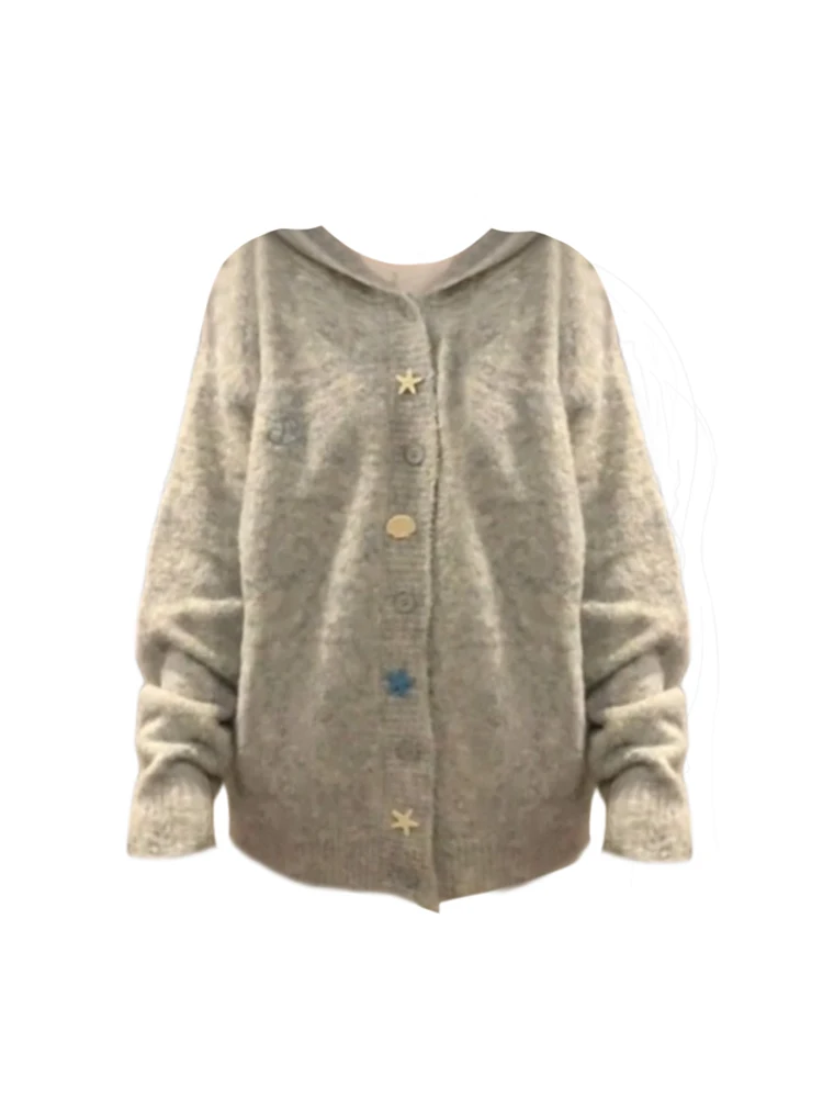 Women Grey Cardigan Sweater Harajuku Y2k Long Sleeves Oversize Knitted Cashmere Sweaters Aesthetic Vintage 2000s Clothes Autumn