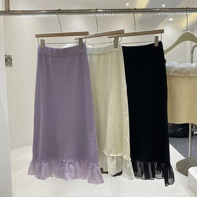 

Женская длинная юбка с оборками, трикотажная юбка трапециевидной формы во французском стиле, в стиле пэчворк, на осень