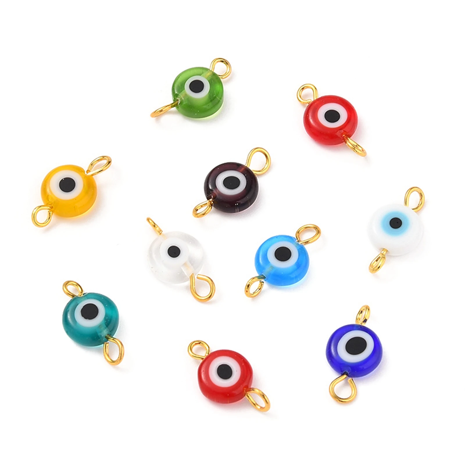 

Pandahall 100Pcs Mixed Color Flat Round with Evil Eye Handmade Lampwork Links Connectors For Jewelry Making Gift