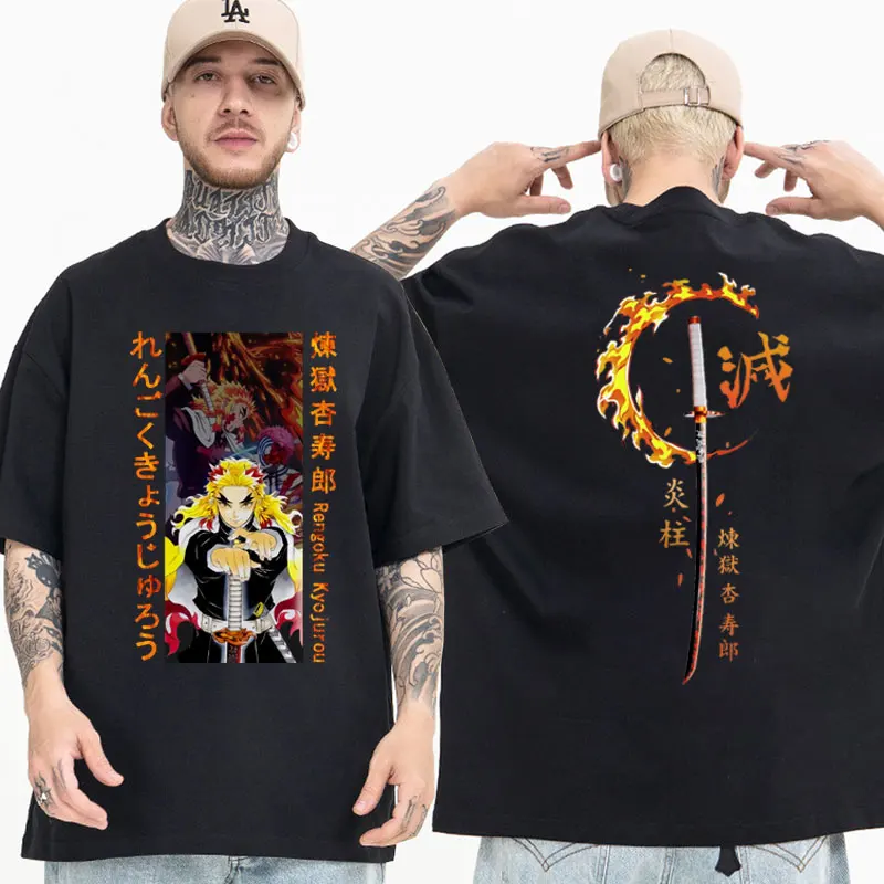 

Rengoku Kyoujurou Graphic Print T Shirt Demon Slayer Anime T-shirt Kimetsu No Yaiba Short Sleeve Tshirts Cotton Gothic Tee Shirt