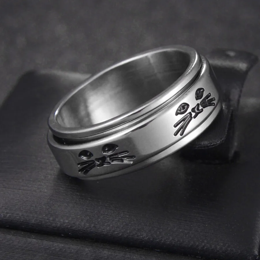 

Cool Stainless Steel Rotatable Men Couple Ring High Quality Spinner Cat Face Rotable Rings Punk Women Man Jewelry For Party Gift