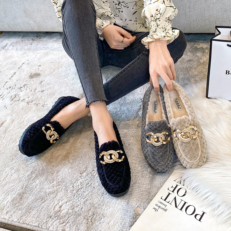 Brand Winter Cotton Fur Flats Women Thicken Soled Wool Loafers Ladies Comfy Lambswool Moccasin Big Size 42/43 Shoes
