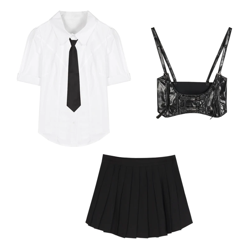 Белая рубашка + жилет из ПУ кожи плиссированная мини-юбка с коротким рукавом |