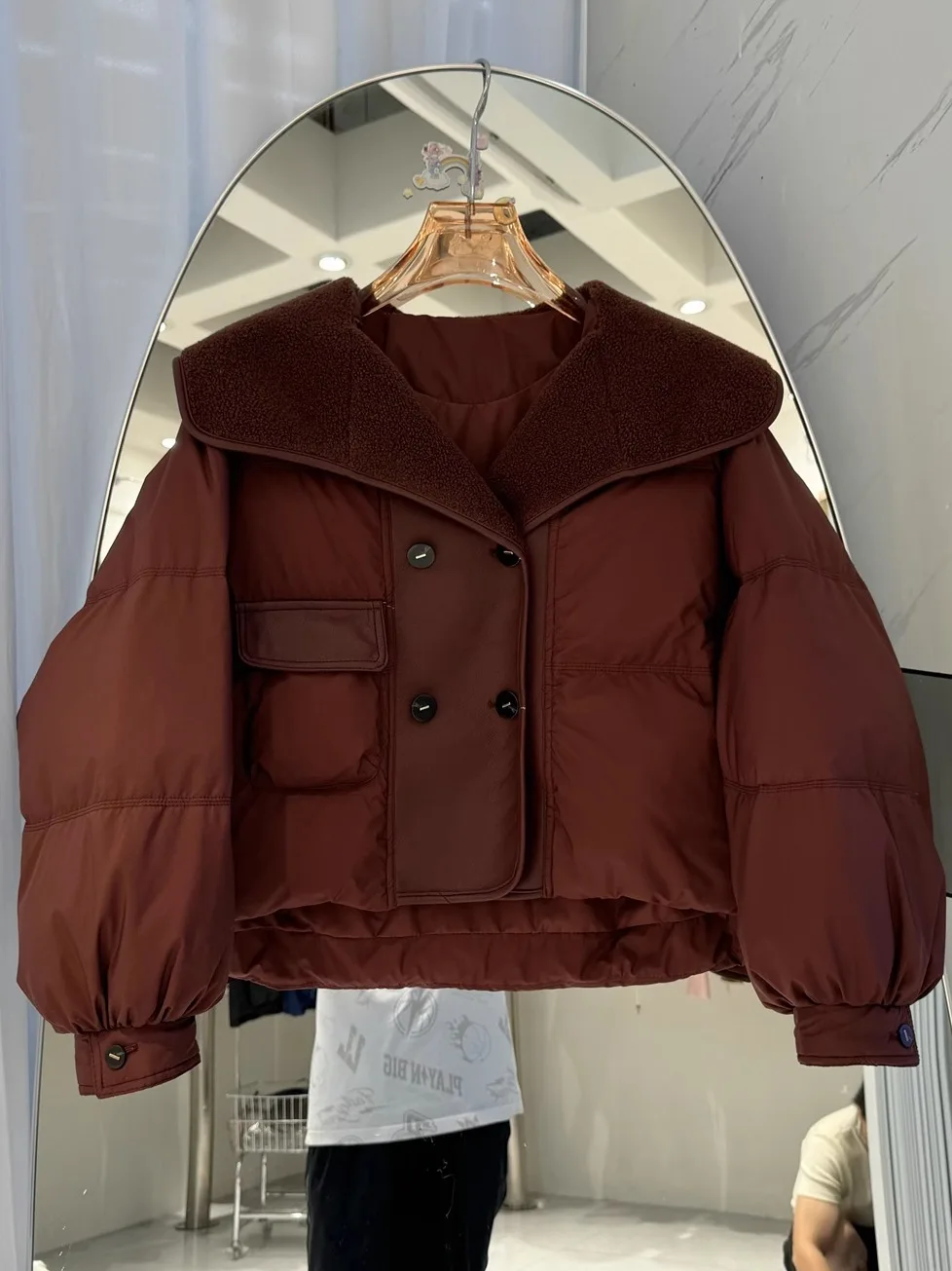 2024 новый зимний пуховик женский короткий из овечьей шерсти кожаная лоскутная