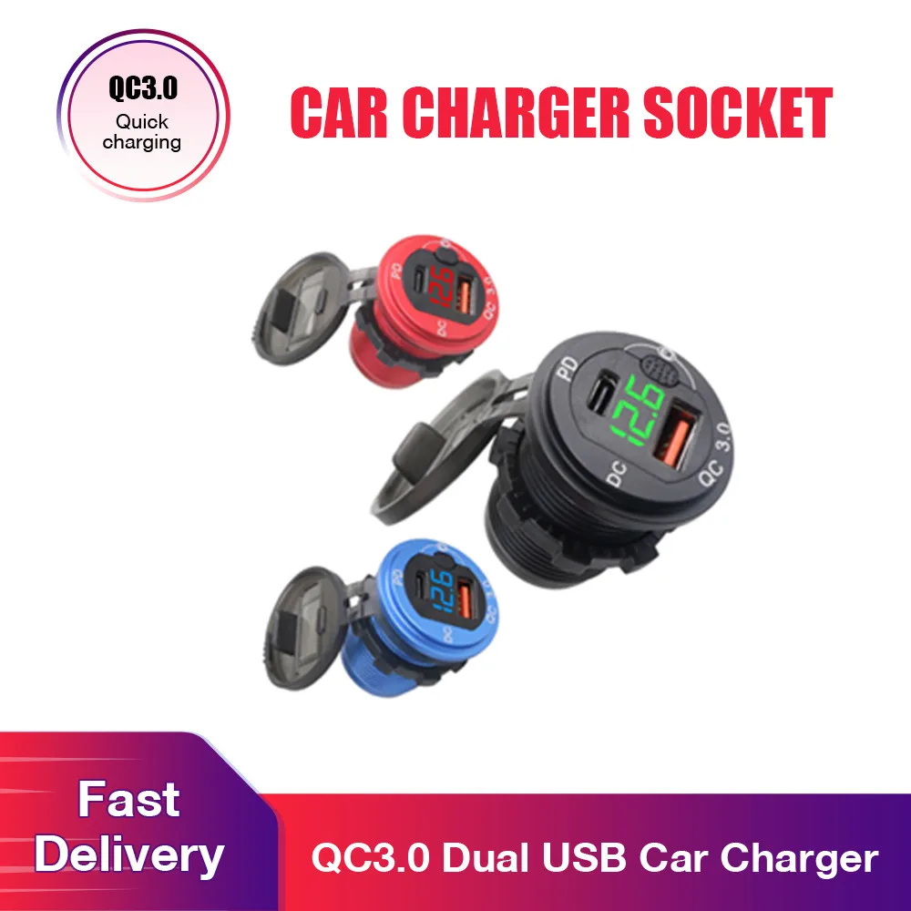 

Универсальное автомобильное зарядное устройство QC3.0 USB + PD порт быстрая зарядка гнездо прикуривателя 12В/24В вольтметр адаптер питания для те...