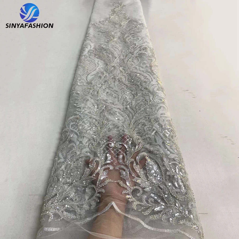 

Shining Sequence African Nigerian Wedding Bridal White French Net Embroidery Sequin Luxury Hand Beaded Lace Fabric For Dress