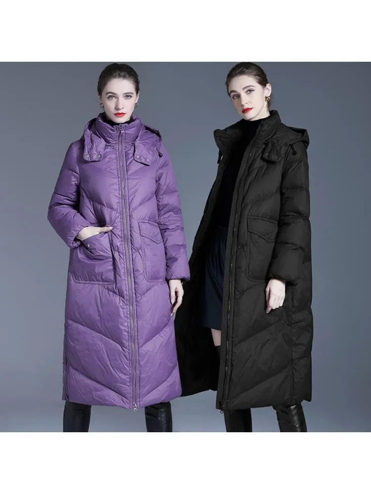 European Station 2022 Winter High End Long Thicked Warmer Black 90 White Duck Down Coats Women Loose Bread Cloth Jackets