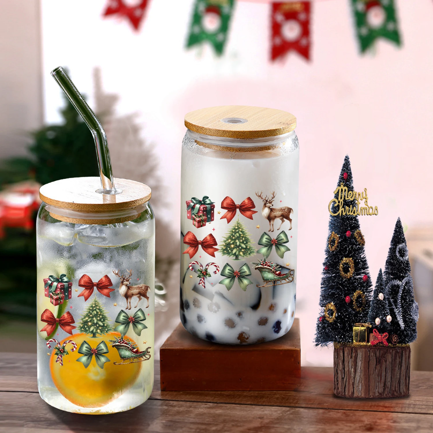 1 шт. 3d 360 ° стеклянная чашка с рисунком крышкой и соломинкой Рождественская