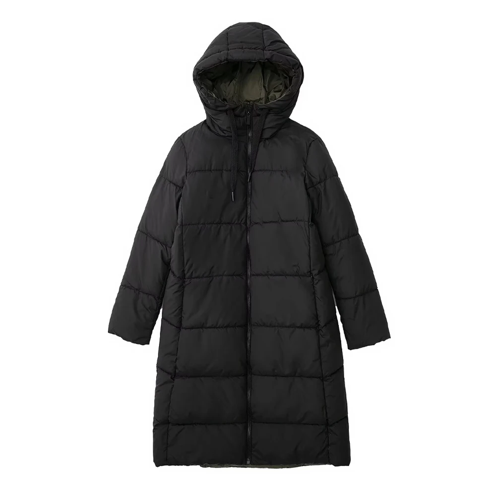 

Women Fashion Thick Warm Reversible Long Padded Coat Vintage Hooded Collar Front Zipper Female Outerwear Chic Overcoat 2022