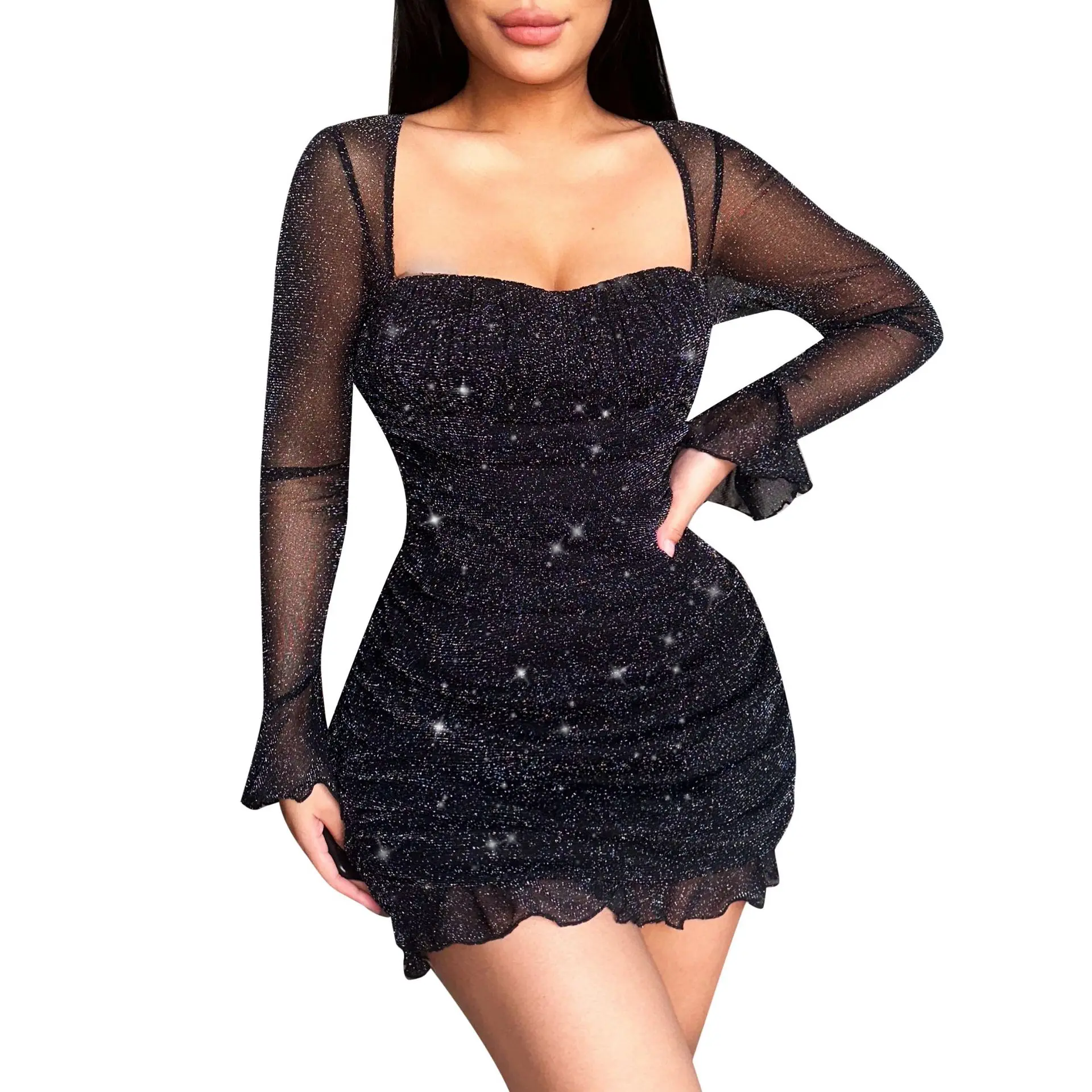 

Sexy Glitter Mesh Dress for Women, Ruffles Hem, Square Collar, Flare Sleeves, Slim Mini Dresses, Party Club, Ladies Clothing