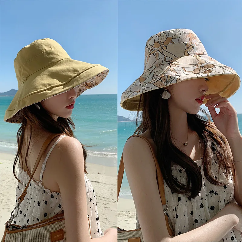 

NEW Spring Summer Print Reversible Sun Beach Hat Woman Girl Outdoor Travel Vacation Fisherman Cap Wide Brim 12.5cm Visor Hat