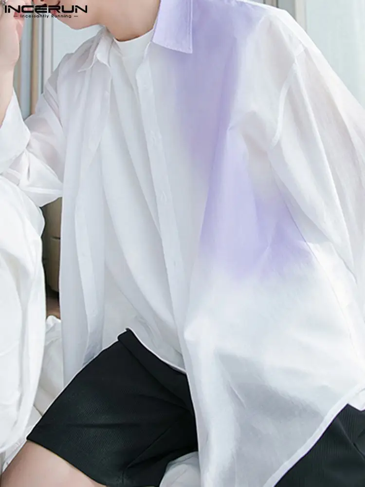 

INCERUN Men Casual Shirt Tie Dye Gradient Lapel Long Sleeve Loose Transparent Korean Shirts Streetwear 2022 Fashion Men Clothing