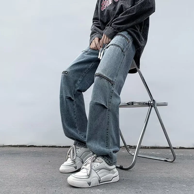 DEEPTOWN Black Straight Jeans Men Zipper Pockets Denim Pants Loose Casual Blue Trousers Male Streetwear Hip Hop Punk Spring