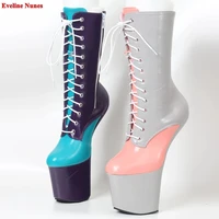 mixed colors ankle boots womens new arrival 2022 heelless 20cm heel round toe patent leather nightclub cosplay sexy shoes