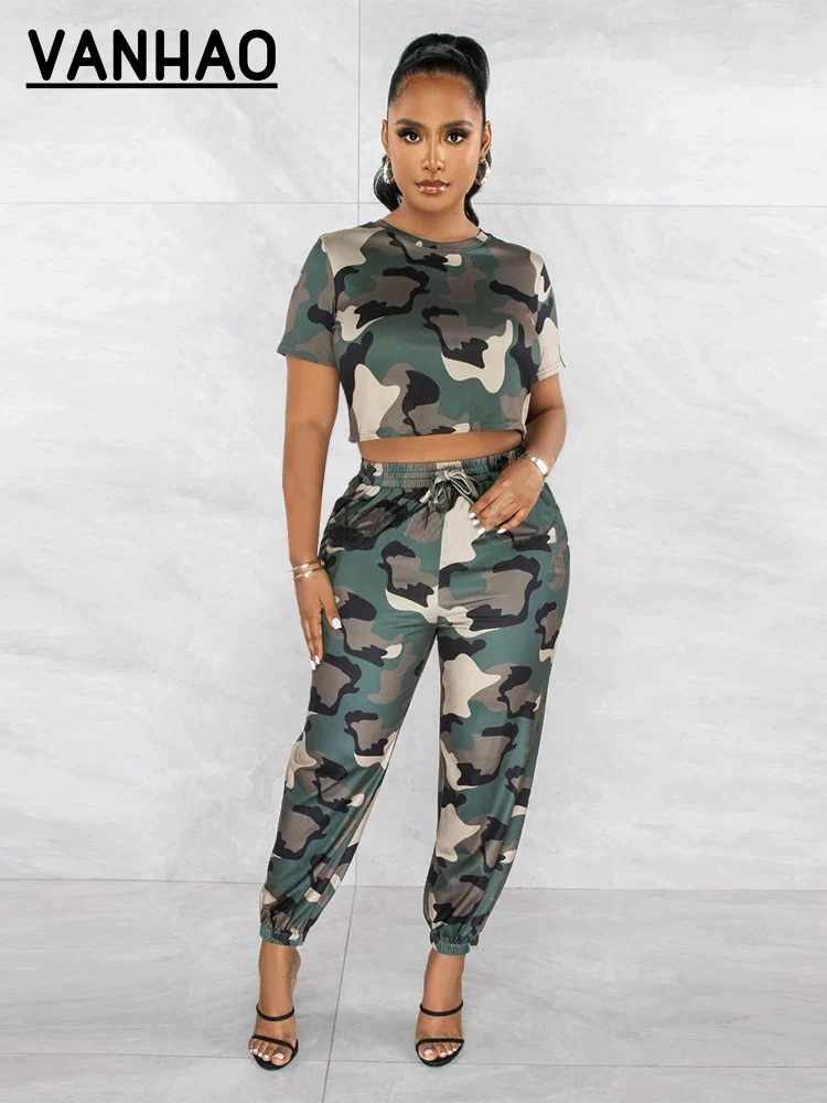 

VANHAO Women Summer Fashion Round Neck Short Sleeve Elastic Waist Trousers Printed Two-Piece Set Outifits Wholesale Dropshipping
