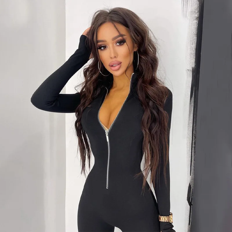 European-American Style 2023 Summer New Solid Color Long-Sleeved Zippered Waistband Slimming Exercise Yoga Jumpsuit