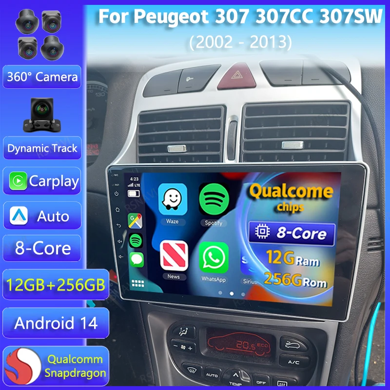 Мультимедийный плеер на Android 14 для Peugeot 307 307CC 307SW 2002 - 2012 2013 Carplay автомобильный