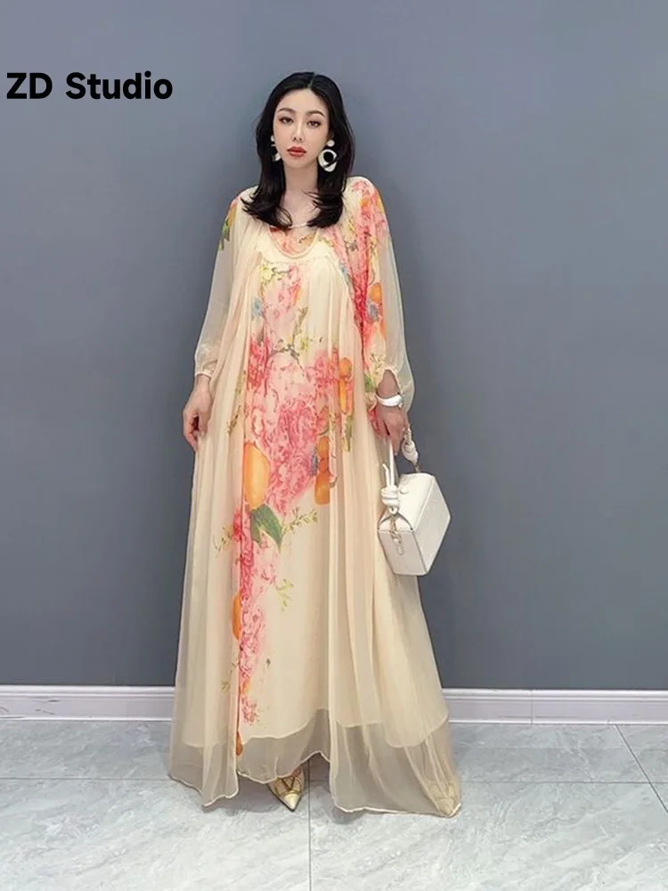

[ZD Studio] 2023 Summer New Printed Tencel Long Dress Fairy Dress Loose, Super Fairy, Slim, Covering Belly, 9/4 Sleeve Female