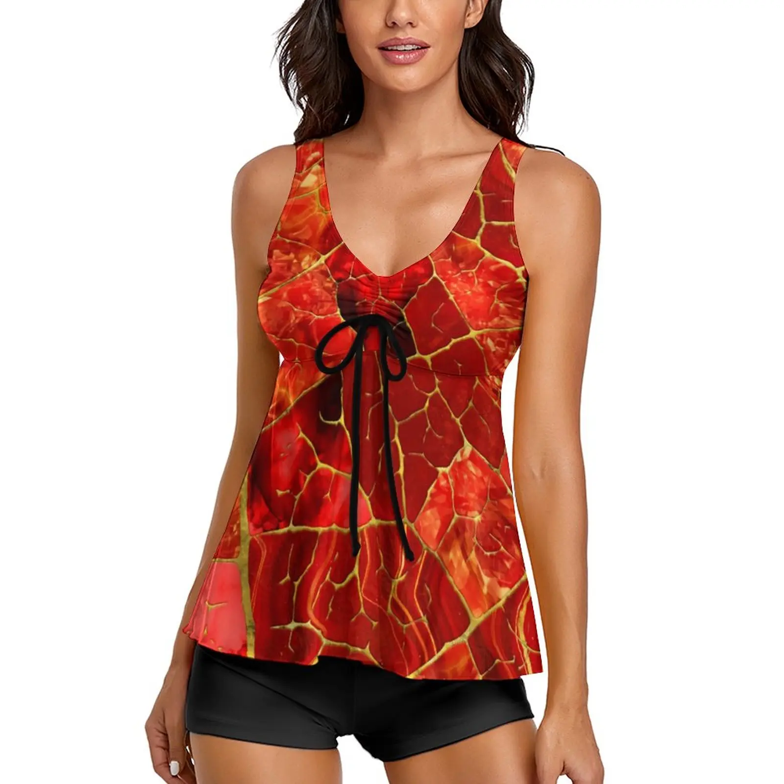 

Red Marble Tankini Swimsuit Abstract Leaf Print Elegant Swimwear Two Piece Bathing Suit Women High Waist Surf Beach Outfits