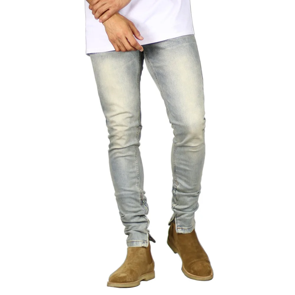 Fashion Trendy High Street Fashion Washed Old Retro Men's Jeans Zip Decoration Trousers Slim Fit Pants Pencil Jeans For Men