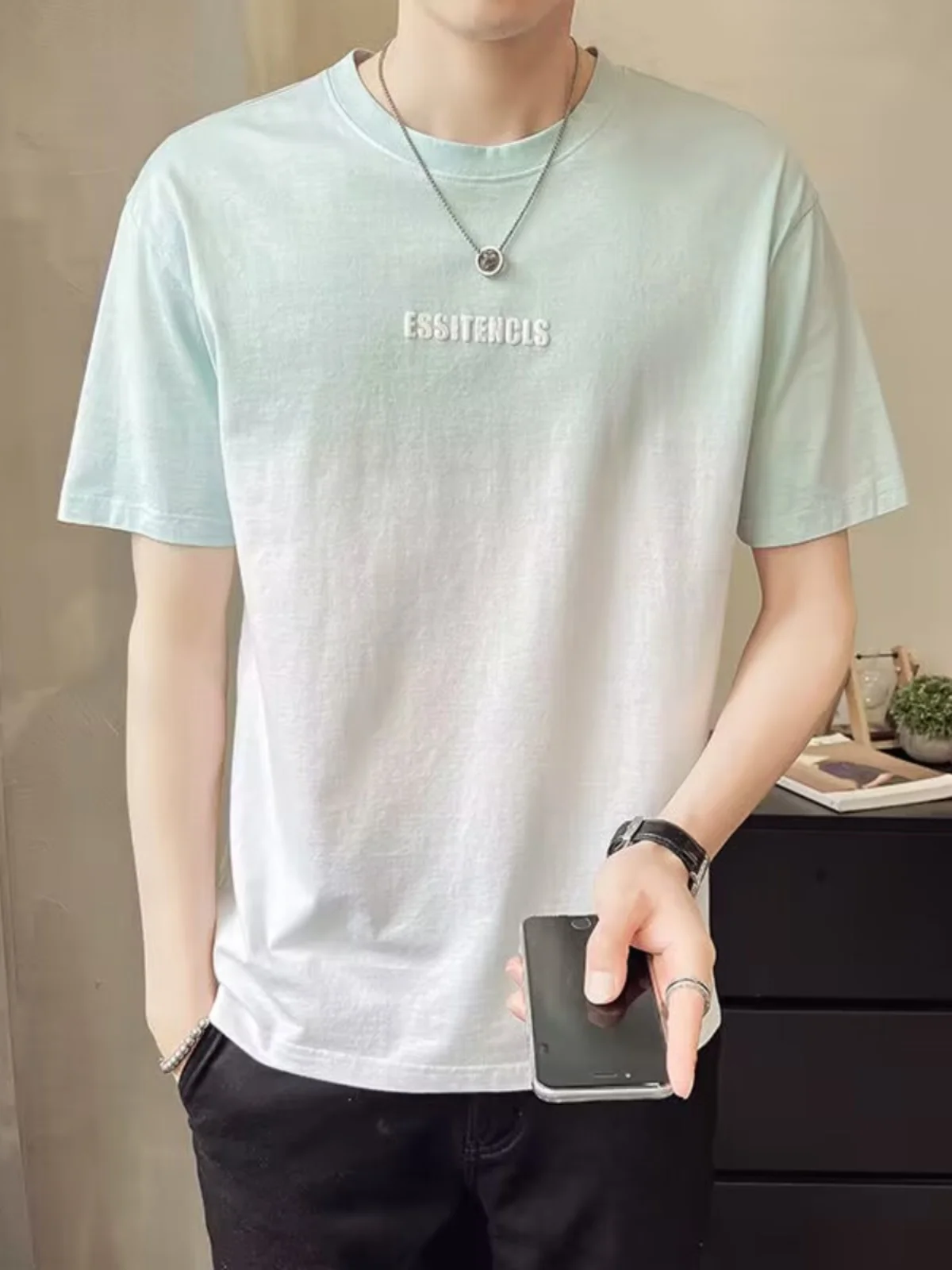 Men's Youth Plus size Modal Cotton T-shirt Short sleeve Summer Ice Silk Gradient Color Thin Half Sleeve Casual Top