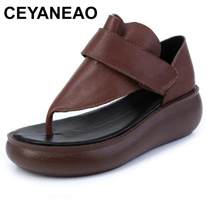 

2023 New Genuine Leather Flip-flop Sandals Summer Women's Sandals Platform Wedges Heighten Sandals Roman Shoes Trend