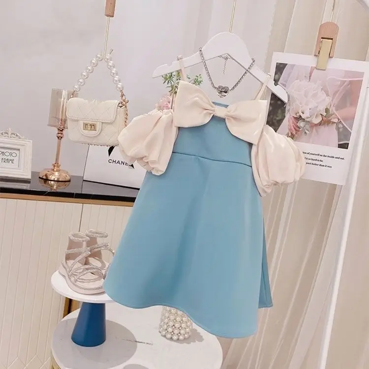 

2022 Girls kids baby Summer Bow Puff Sleeved Birthday Party Princess Dress Fashion Clothing Children Outfits Vestidos